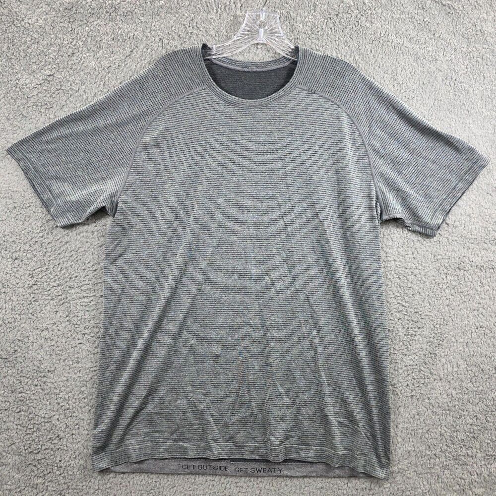 Lululemon Shirt Men's Gray Striped Short Sleeve Crewneck Logo Size XL